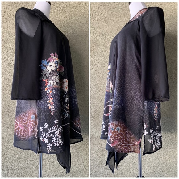 “Citron Santa Monica” Black Chiffon Kimono Duster size S - Picture 3 of 12